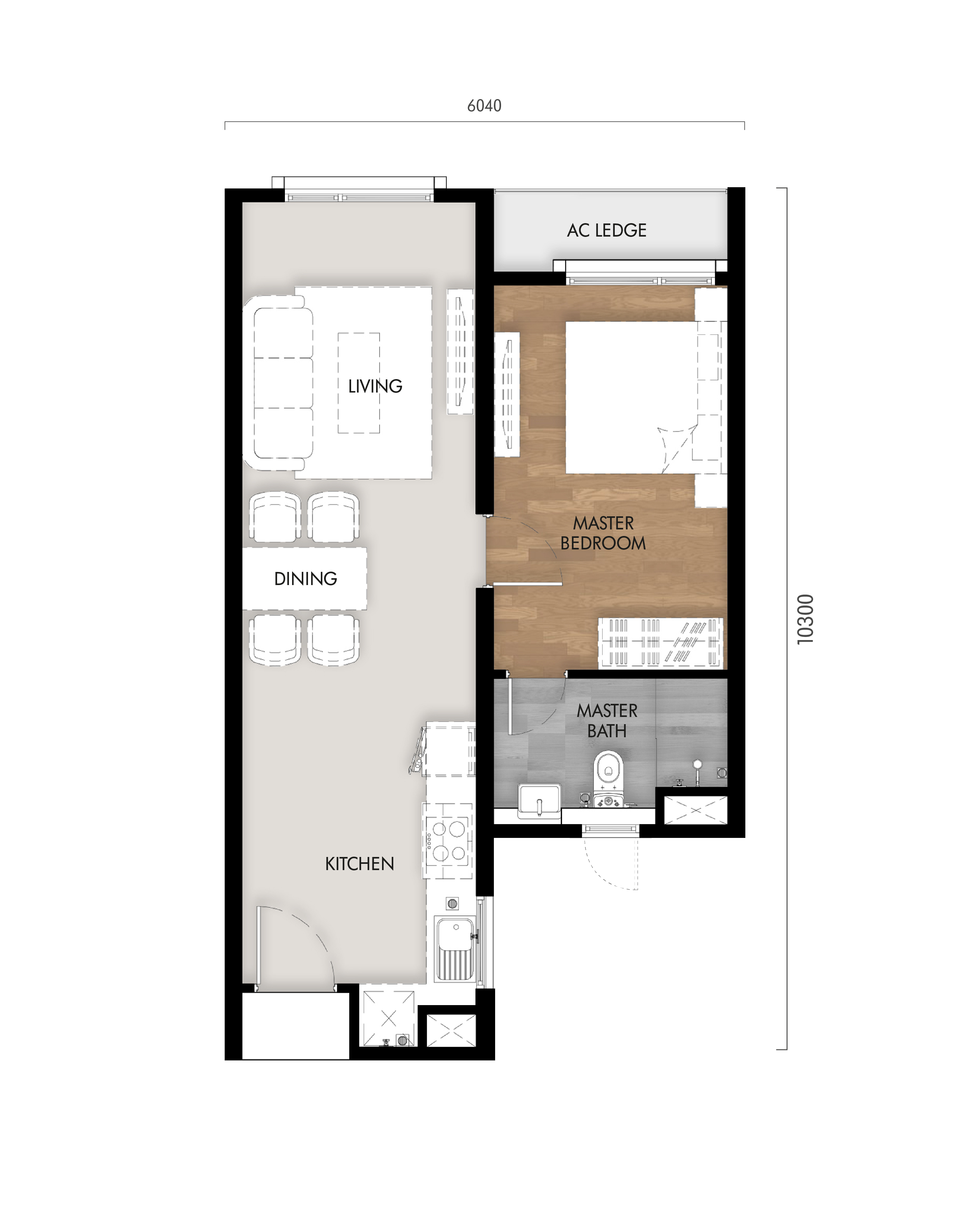 Type A . 550 sq ft . 1 Bedroom + 1 Bathroom