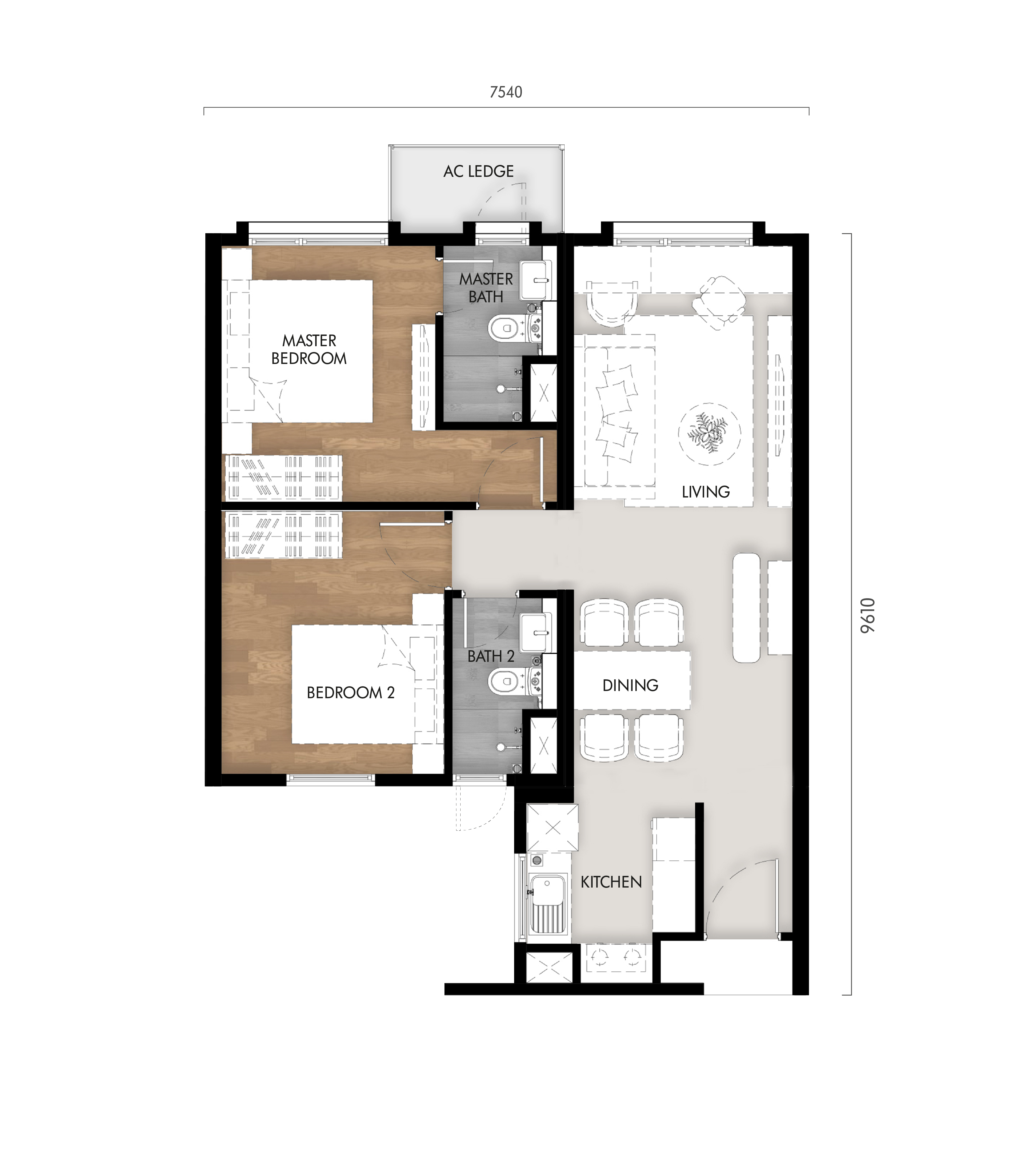 Type B . 666 sq ft . 2 Bedrooms + 2 Bathrooms
