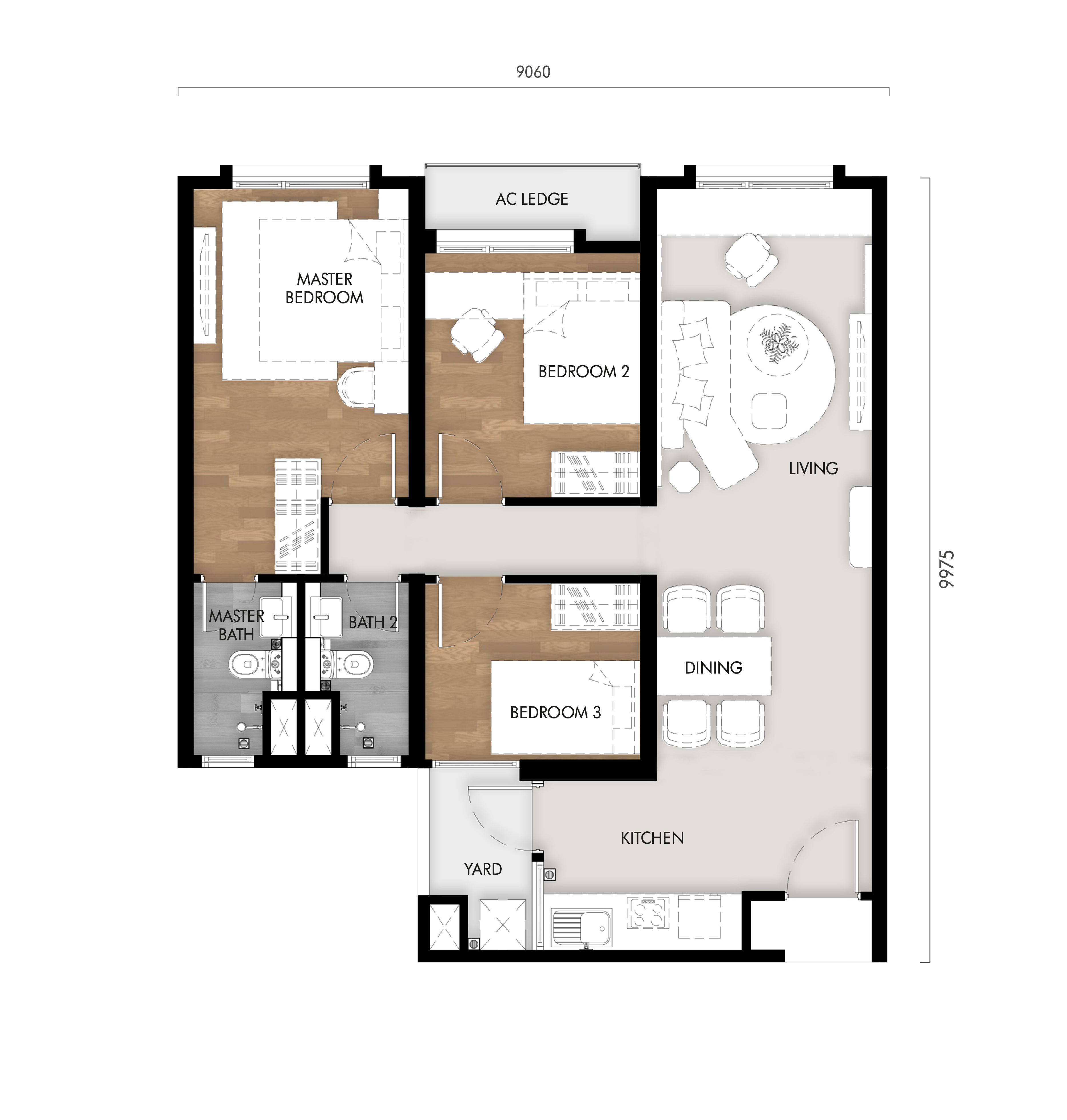 Type C . 862 sq ft . 3 Bedrooms + 2 Bathrooms