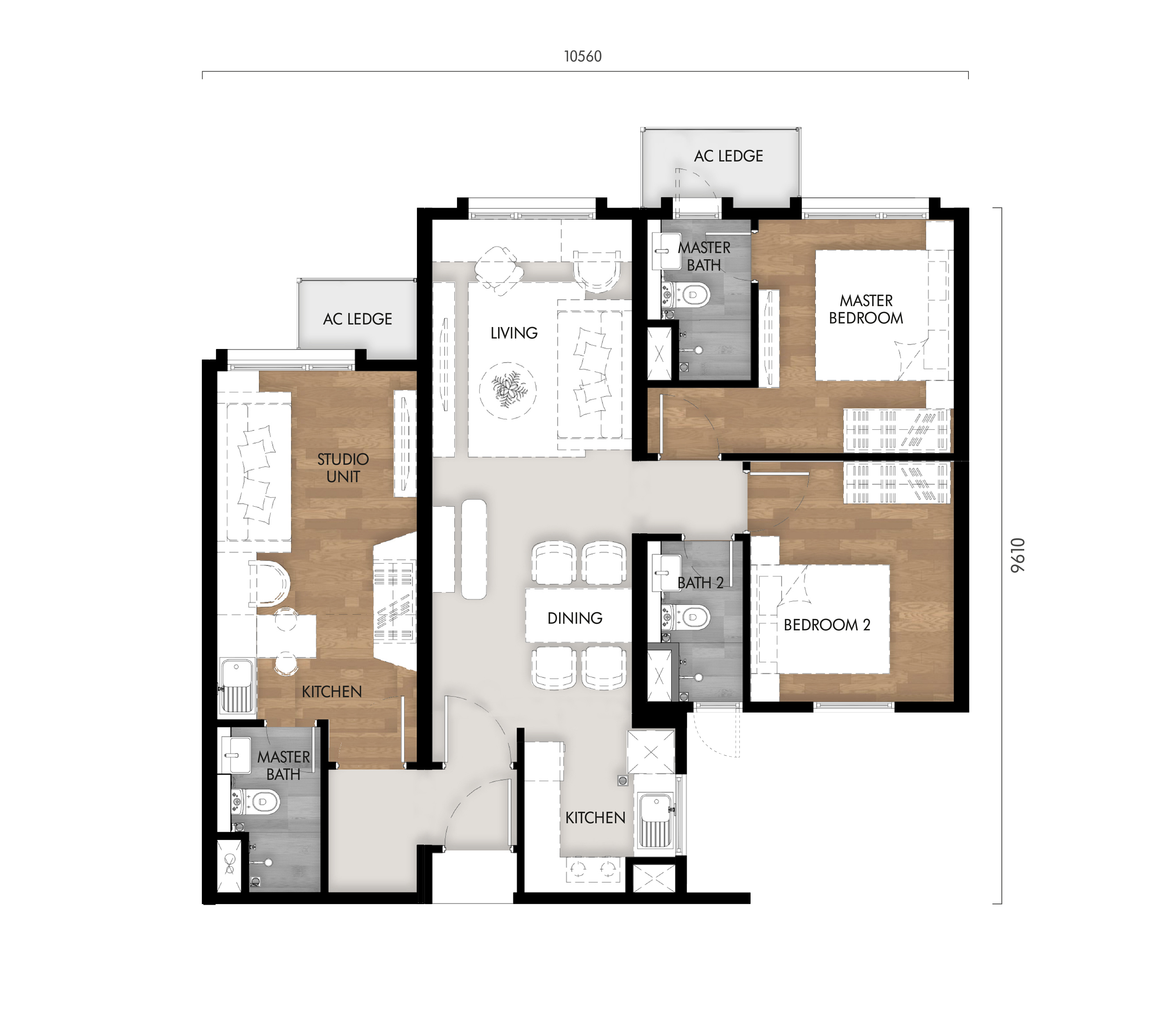 Type D . 909 sq ft . 2 Bedroom + 2 Bathrooms & 1 Studio + 1 Bathroom