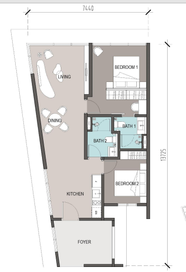 Type B1 . 488 sqft . 2 Bedrooms + 2 Bathrooms