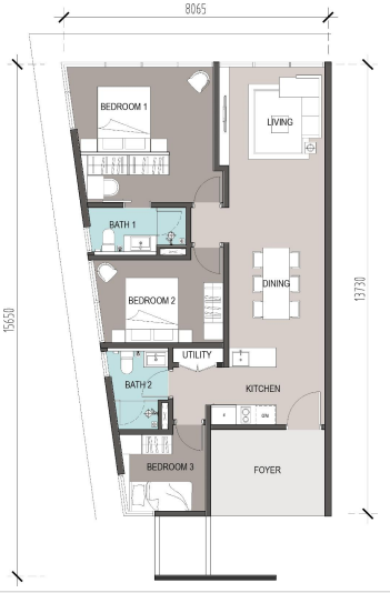 Type C . 948 sqft . 2+1 Bedrooms + 2 Bathrooms