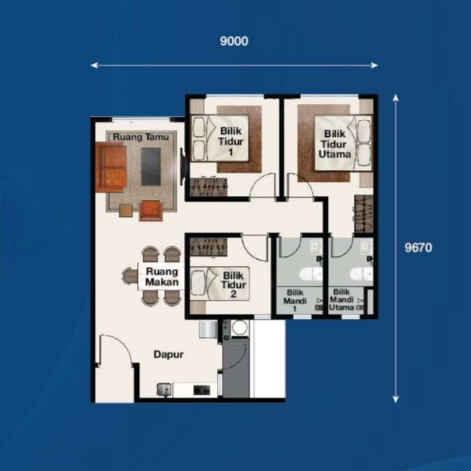 Type C . 800 sq ft . 3 Bedrooms + 2 Bathrooms
