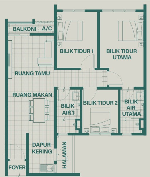Type D . 800 sq ft . 3 Bedrooms + 2 Bathrooms