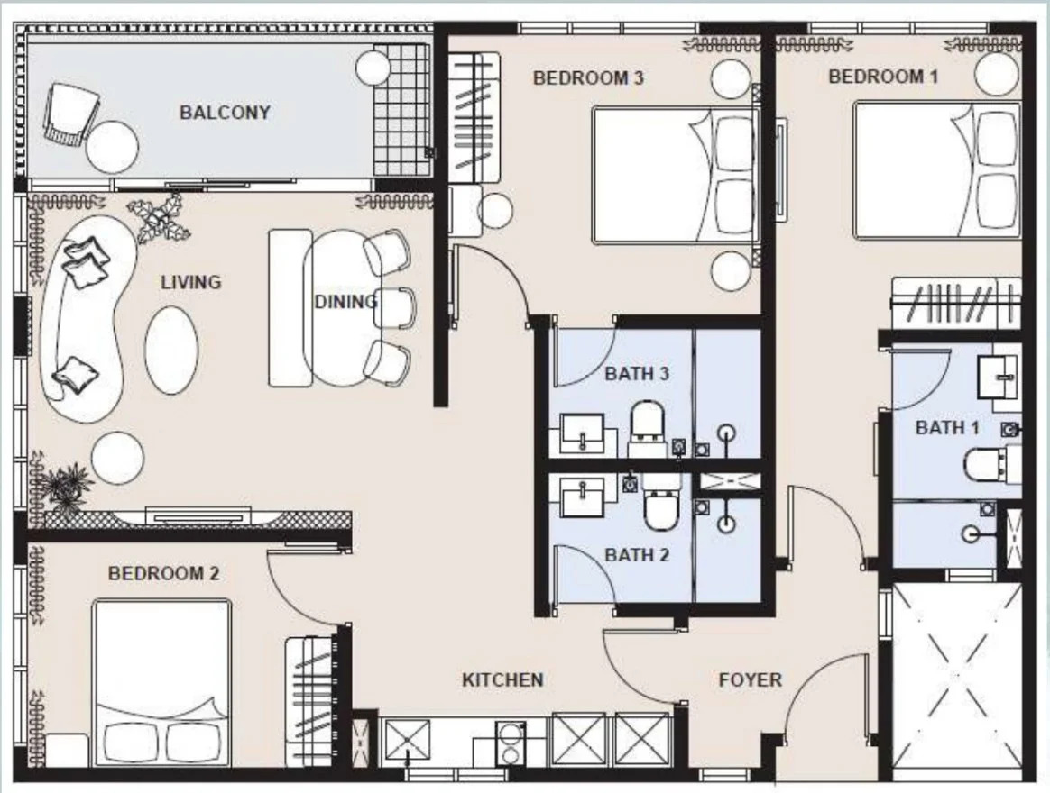 Type C · Dual Key 3-Bed Residence · 1,026 sq ft · 3 Bed 2 Bath