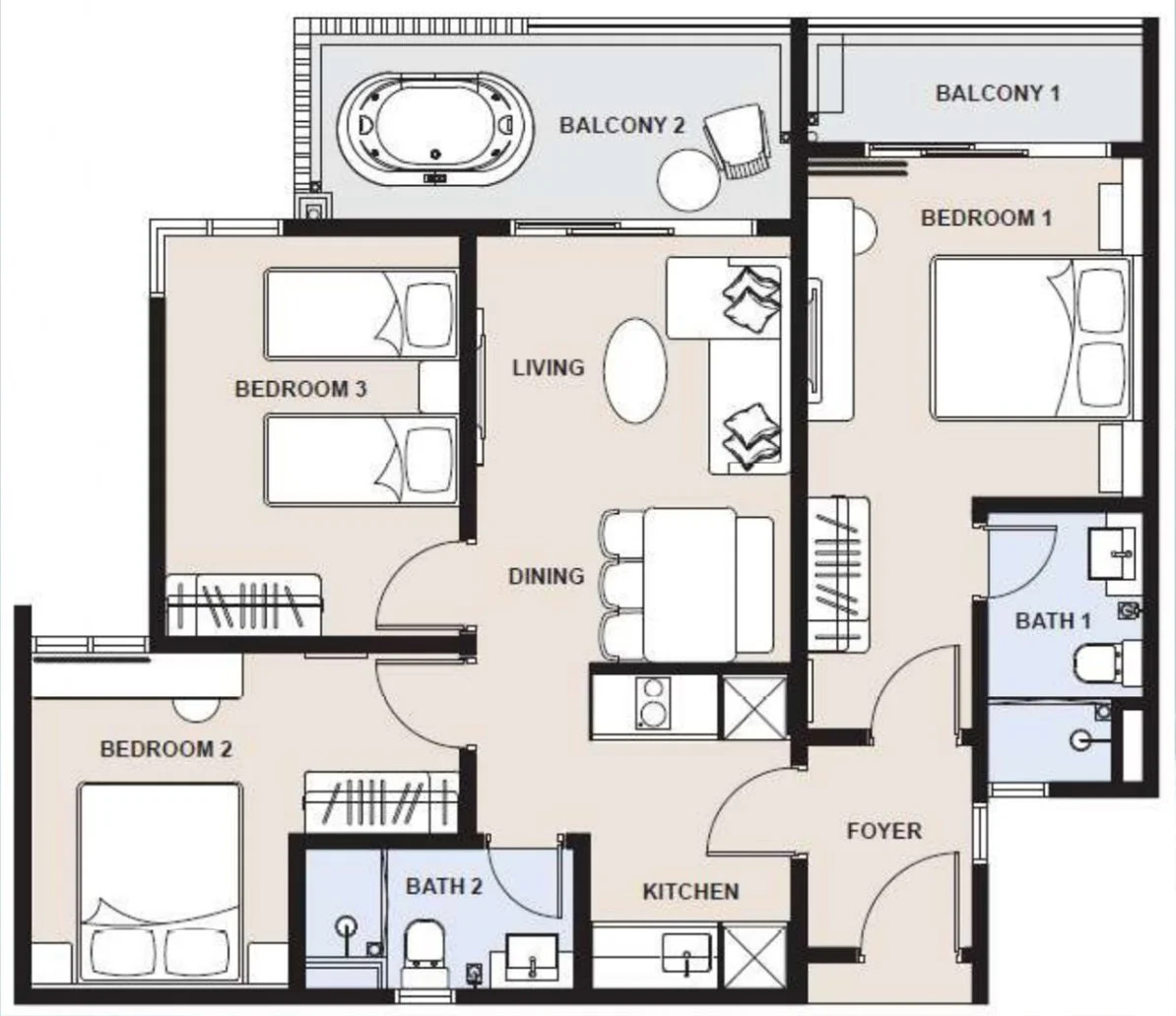 Type D · Limited Jacuzzi Suite · 950 sq ft · 3 Bed 2 Bath