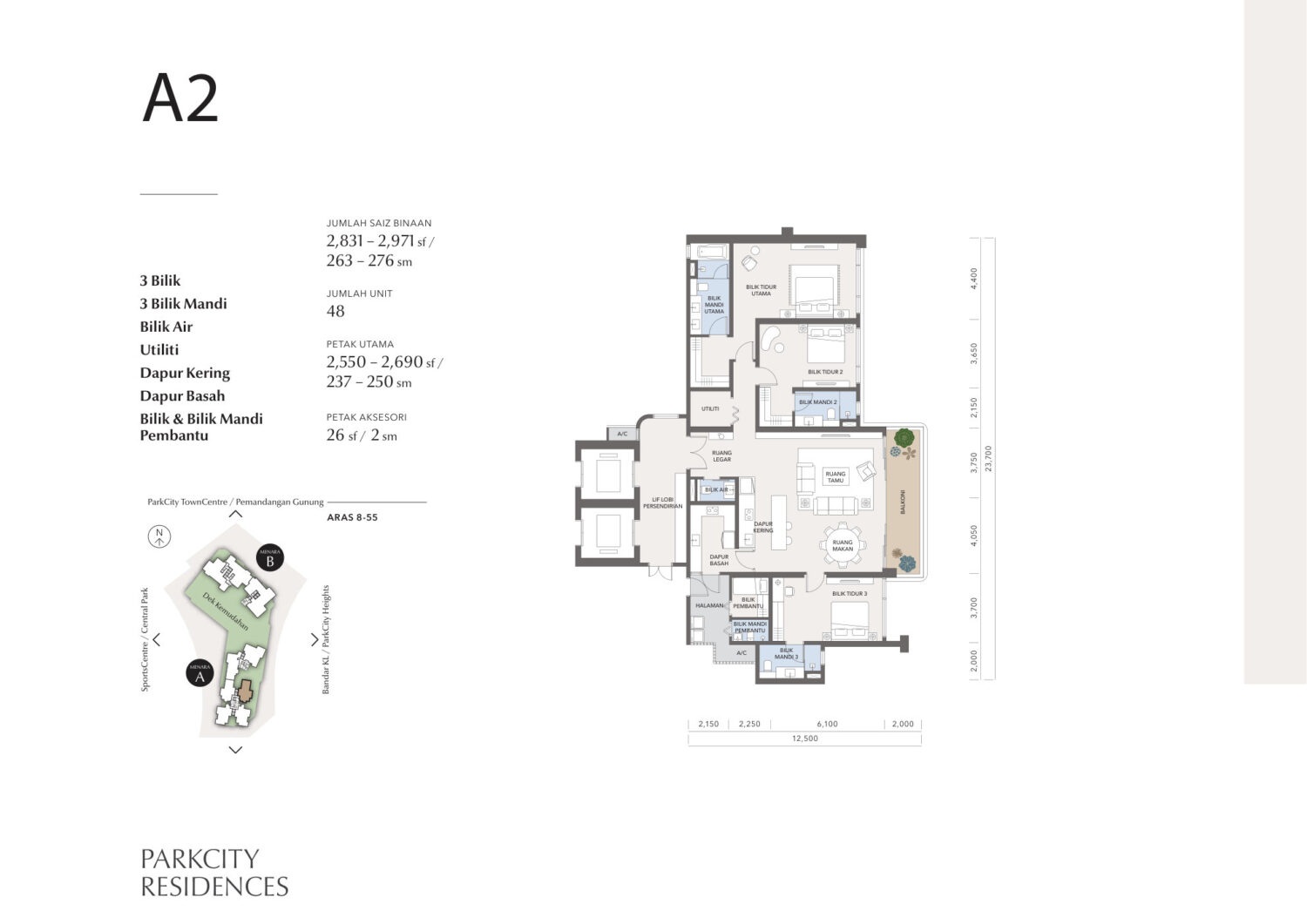 Type A2 . 2,831 to 2,971 sq ft . 3 Bedroom + 3 Bathroom