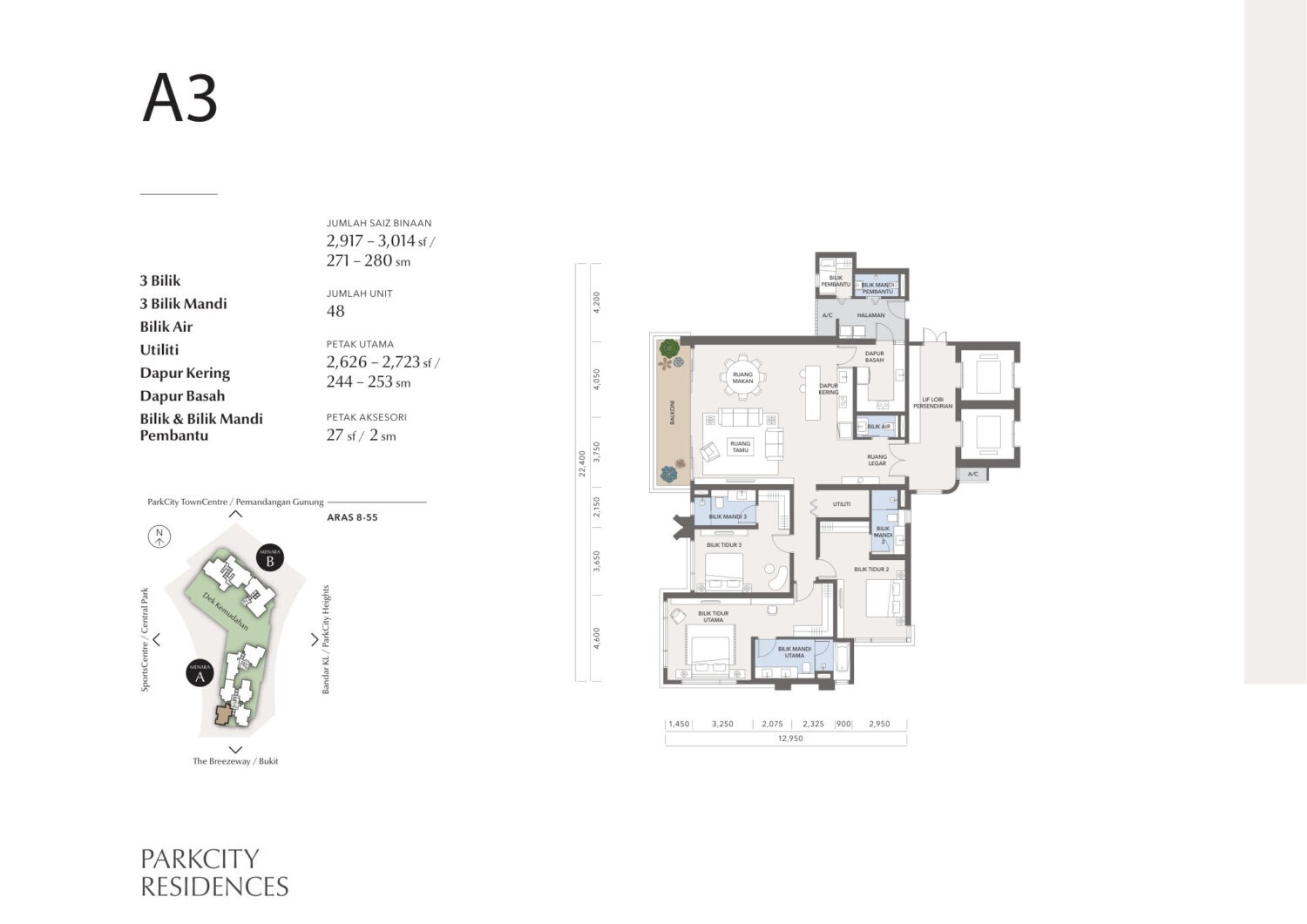 Type A3 . 2,917 to 3,014 sq ft . 3 Bedroom + 3 Bathroom
