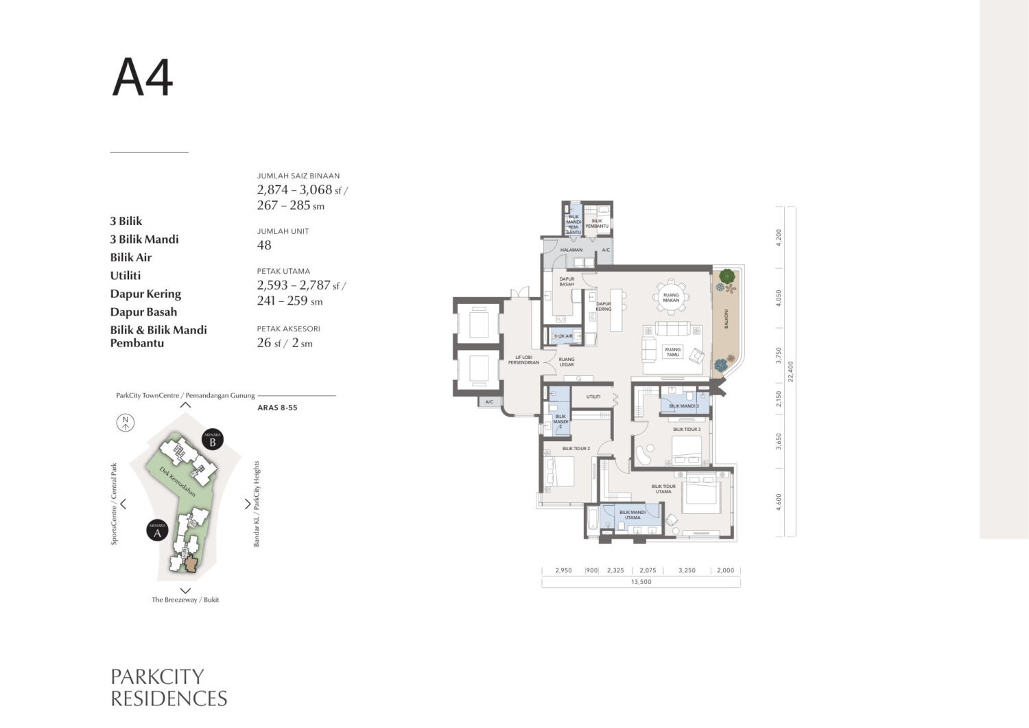 Type A4 . 2,874 to 3,068 sq ft . 3 Bedroom + 3 Bathroom