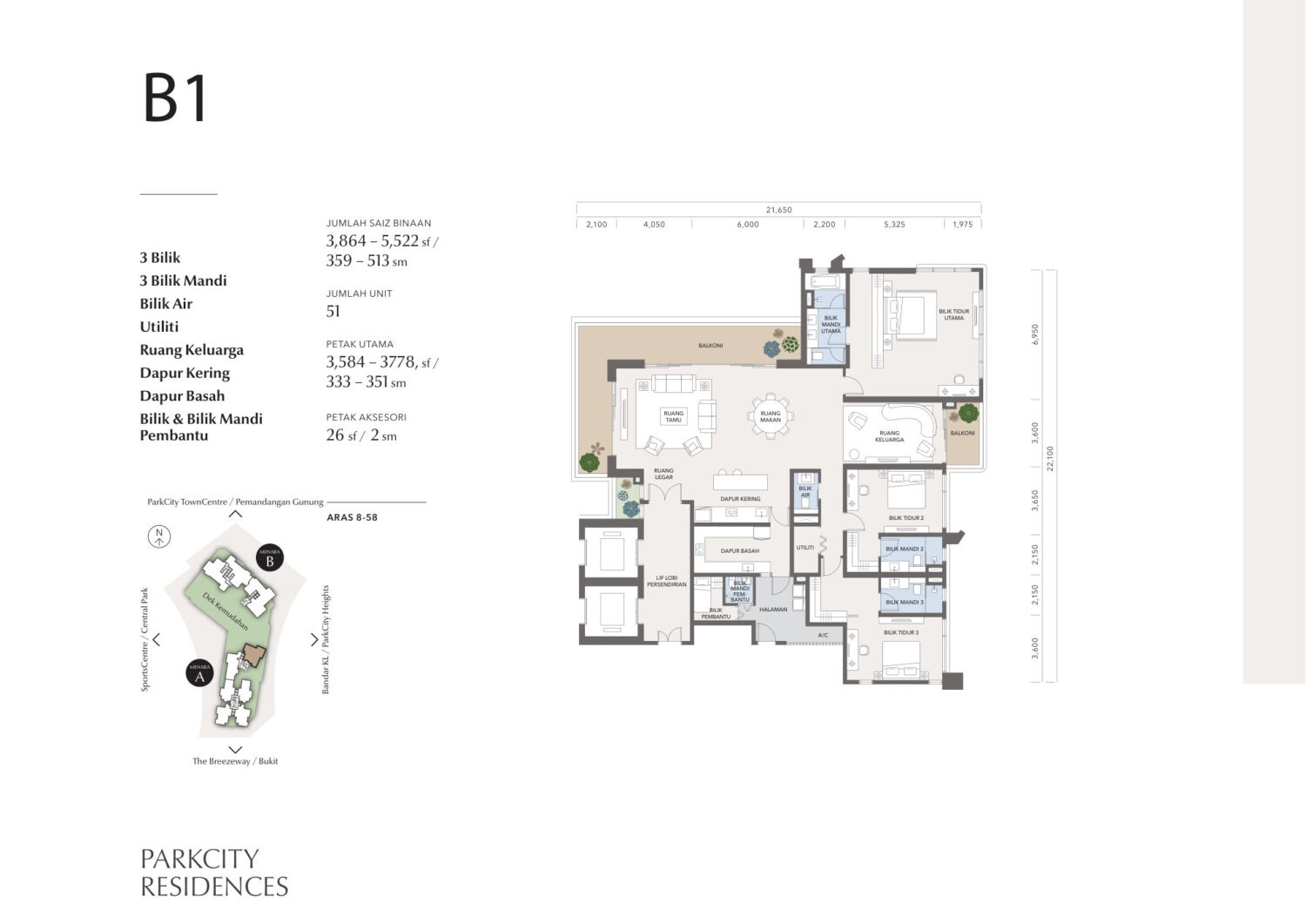 Type B1 . 3,864 to 5,522 sq ft . 3 Bedroom + 3 Bathroom