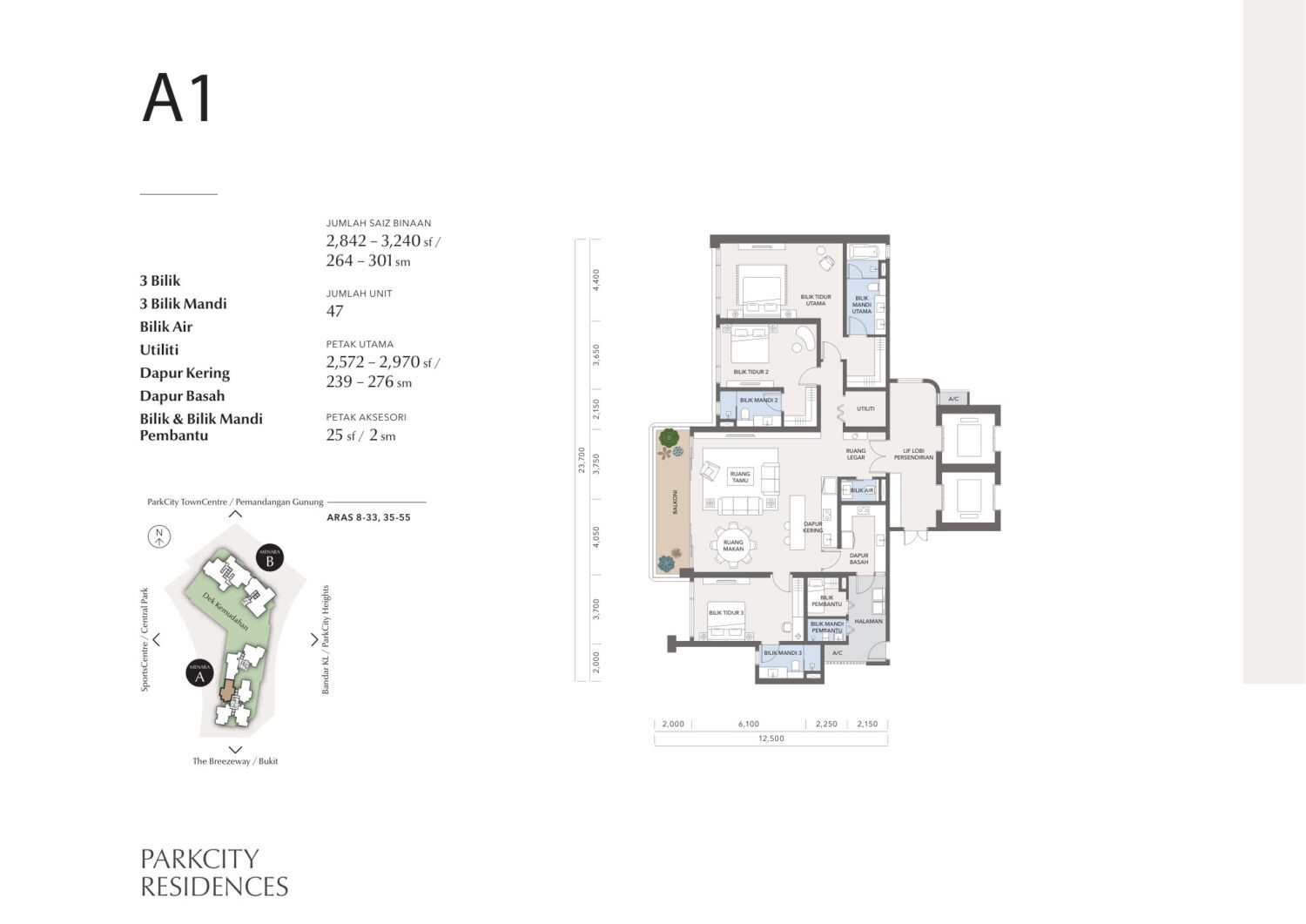 Type A1 . 2,842 to 3,240 sq ft . 3 Bedroom + 3 Bathroom
