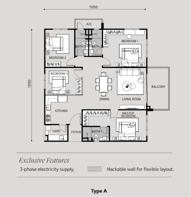 Type A . 1,582 sqft . 4 Bedrooms + 3 Bathrooms