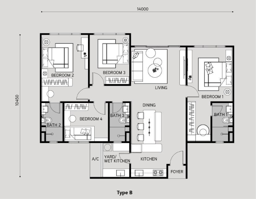 Type B . 1,281 sqft . 4 Bedrooms + 3 Bathrooms