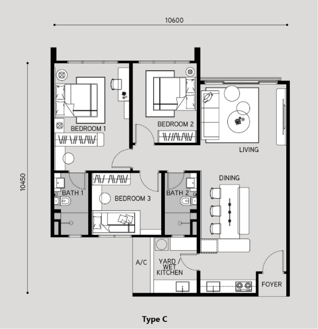 Type C . 1,033 sqft . 3 Bedrooms + 2 Bathrooms