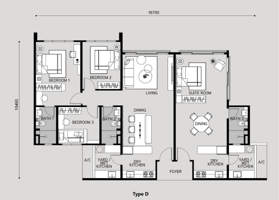 Type D . 1,550 sqft . 4 Bedrooms + 3 Bathrooms
