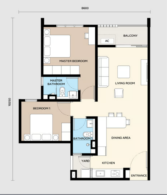 Type A . 767 sq ft . 2 Bedrooms + 2 Bathrooms