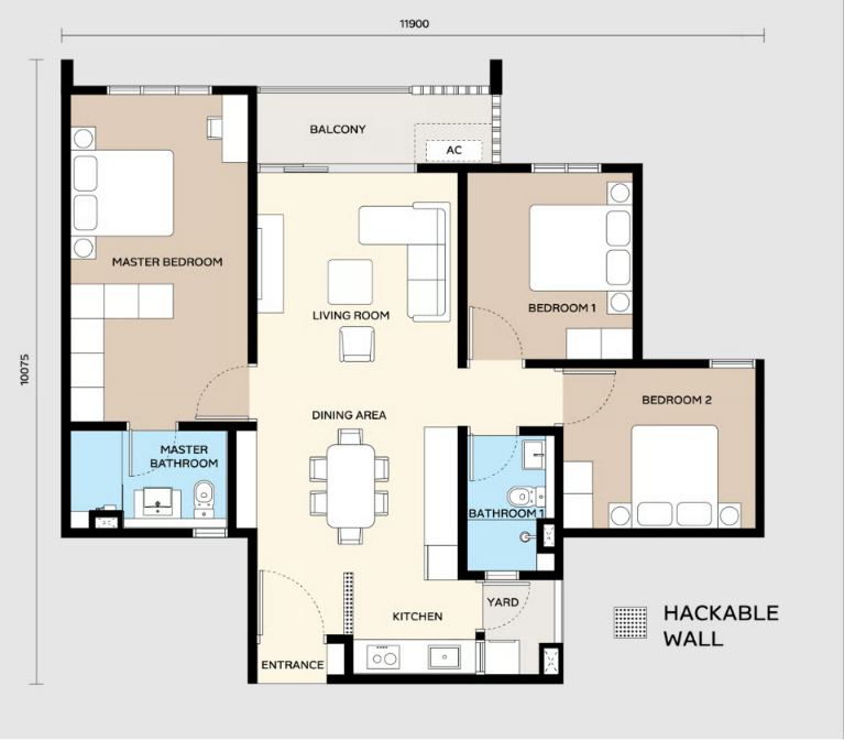 Type B . 961 sq ft . 3 Bedrooms + 2 Bathrooms