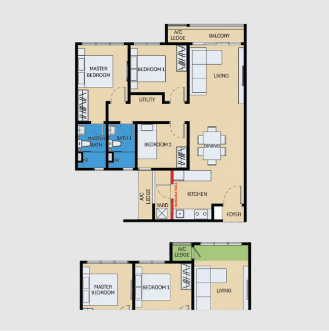 Type B1/B2 . 958 sq.ft . 3 Bedrooms + 2 Bathrooms