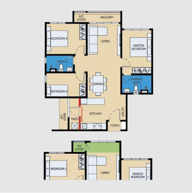 Type B3/B4 . 958 sq.ft . 3 Bedrooms + 2 Bathrooms