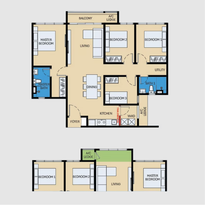Type C1/C2 . 1,109 sq.ft . 4 Bedrooms + 2 Bathrooms