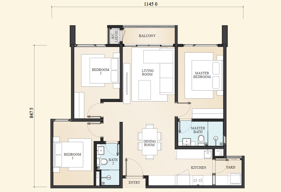 Type A . 957 sq ft . 3 Bedrooms + 2 Bathrooms