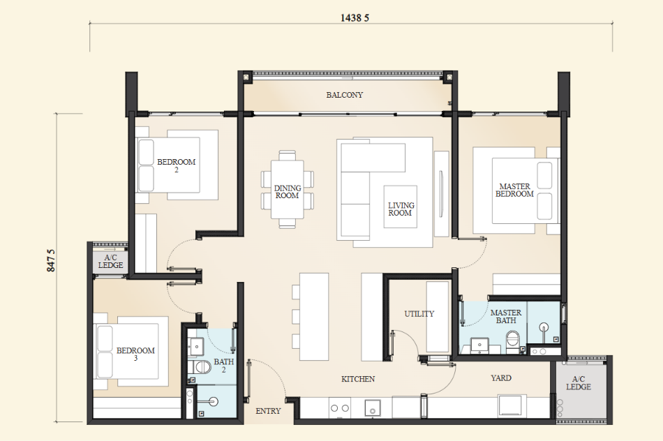Type B1 . 1,237 sq ft . 3+1 Bedrooms + 2 Bathrooms