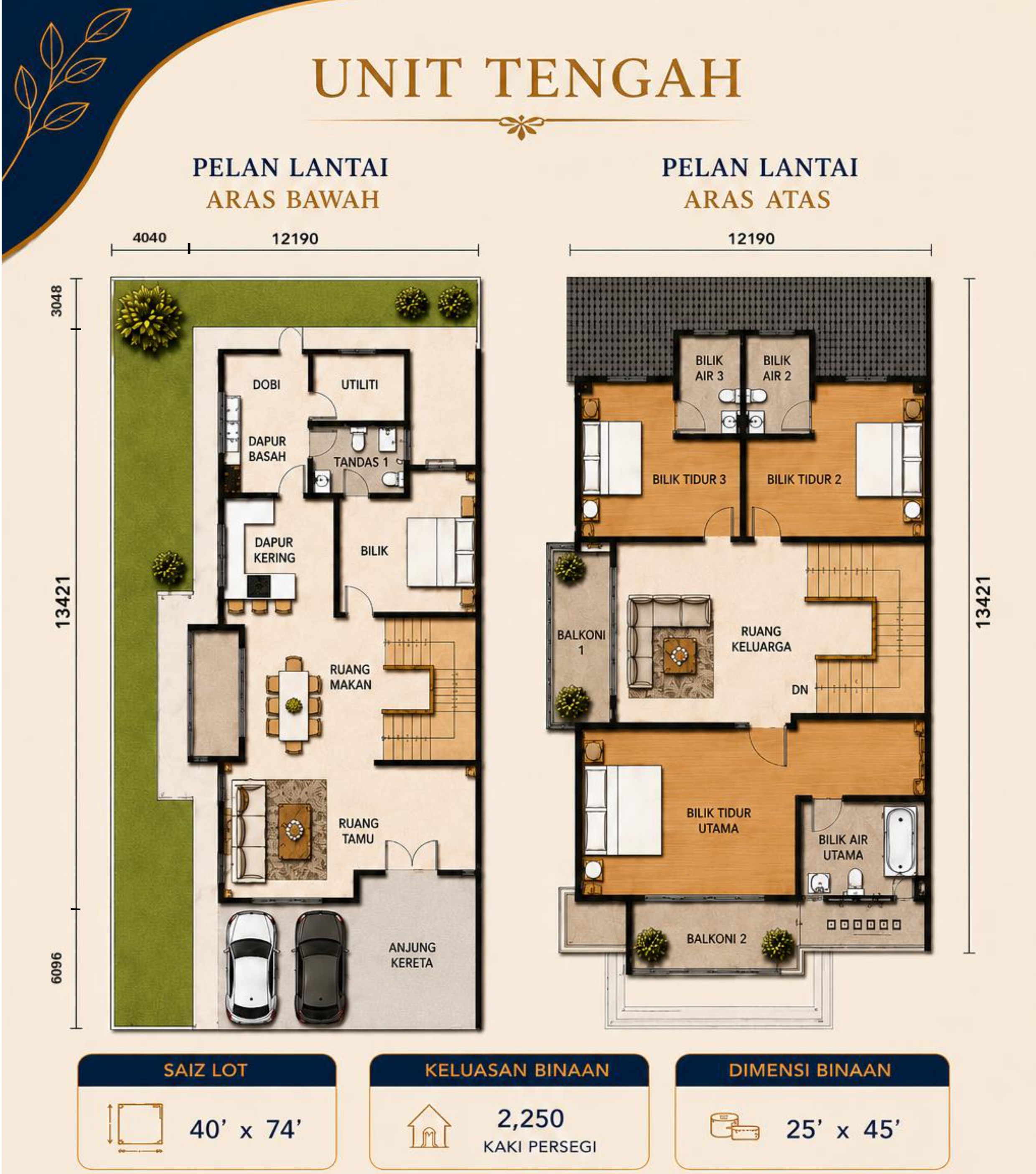 Intermediate Unit . 40' x 74' / 2,250 sq ft . 4 Bedrooms + 4 Bathrooms