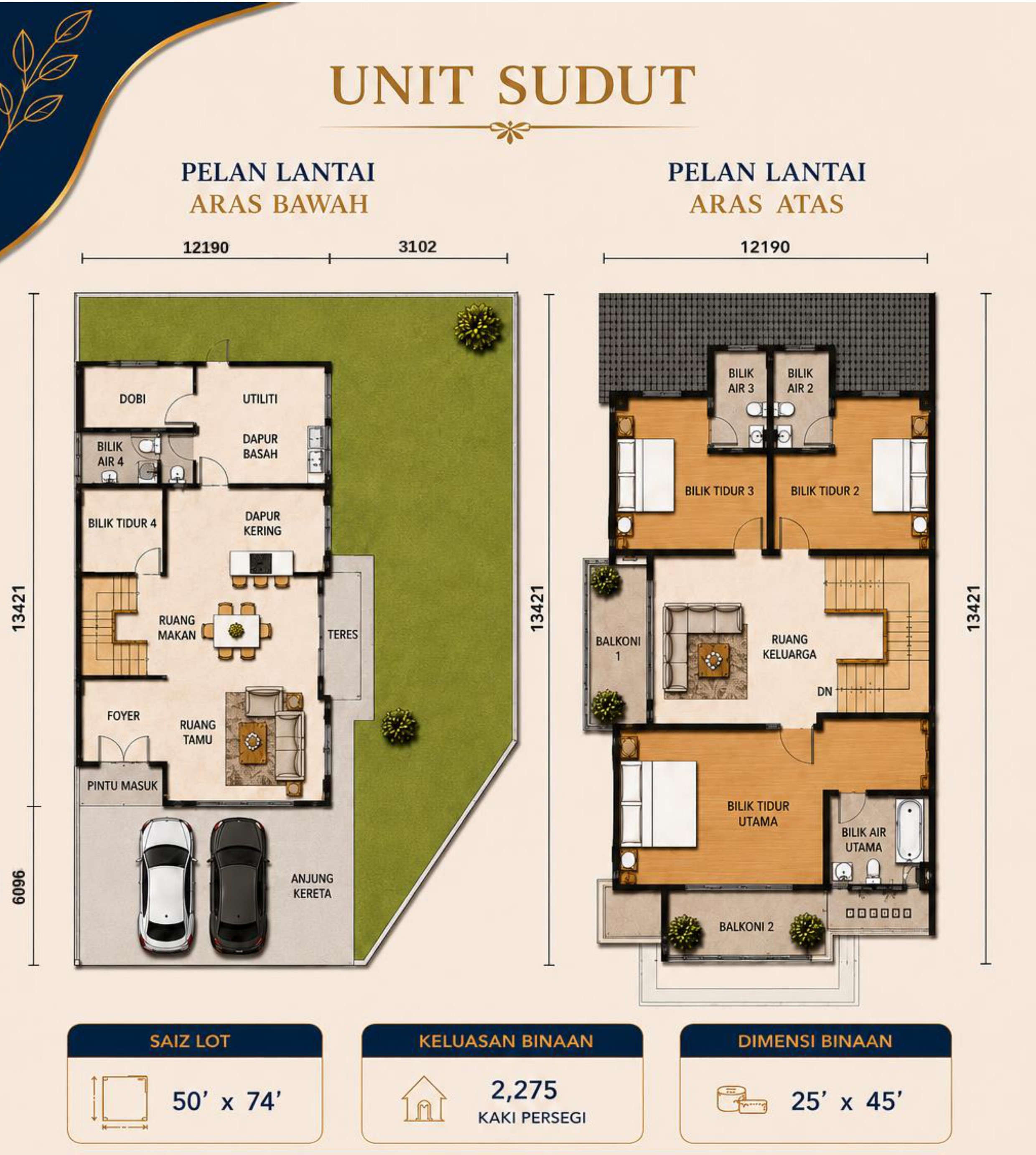 Corner Unit . 50' x 74' / 2,275 sq ft . 4 Bedrooms + 4 Bathrooms