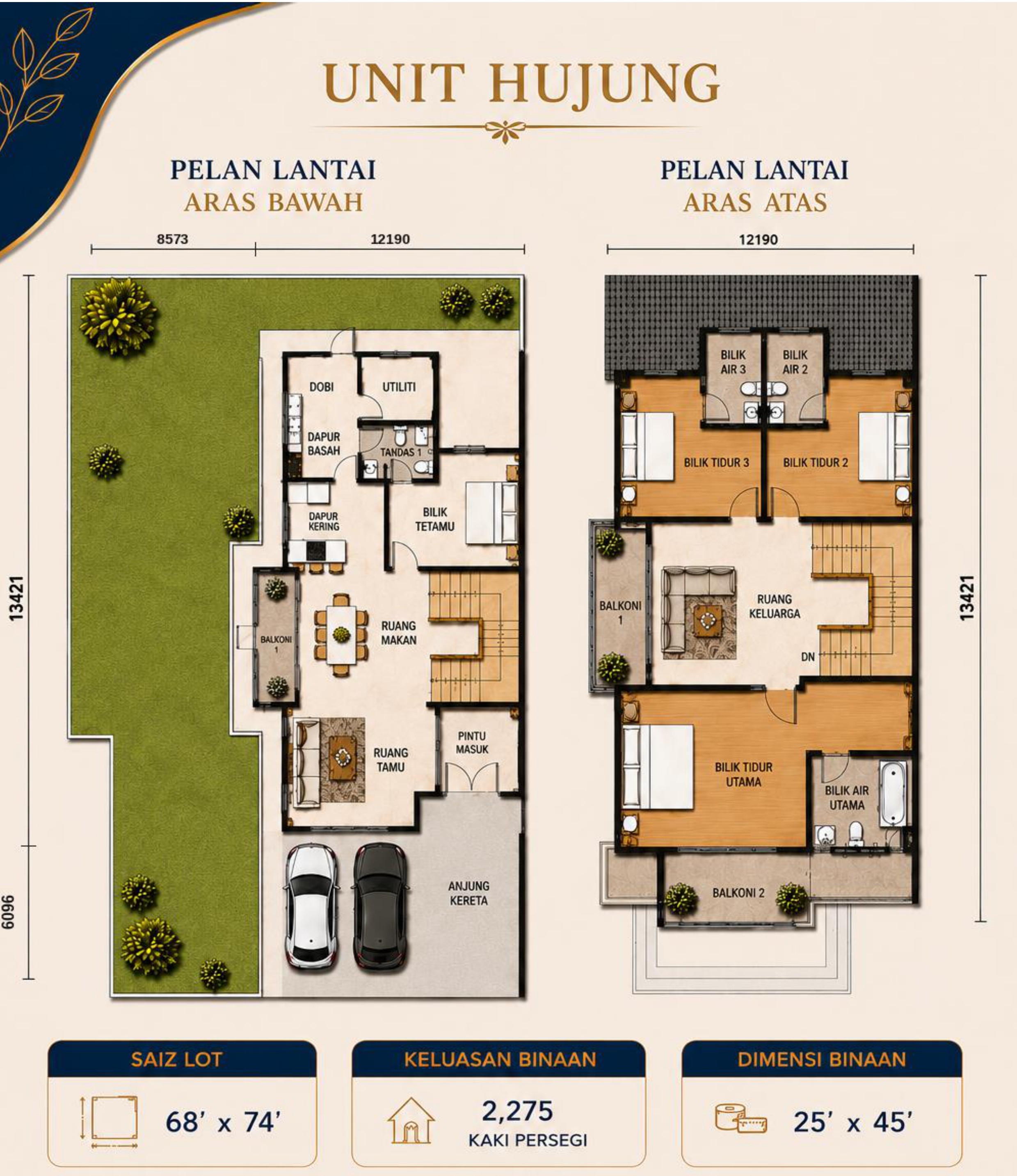 End Lot . 68' x 74' / 2,275 sq ft . 4 Bedrooms + 4 Bathrooms