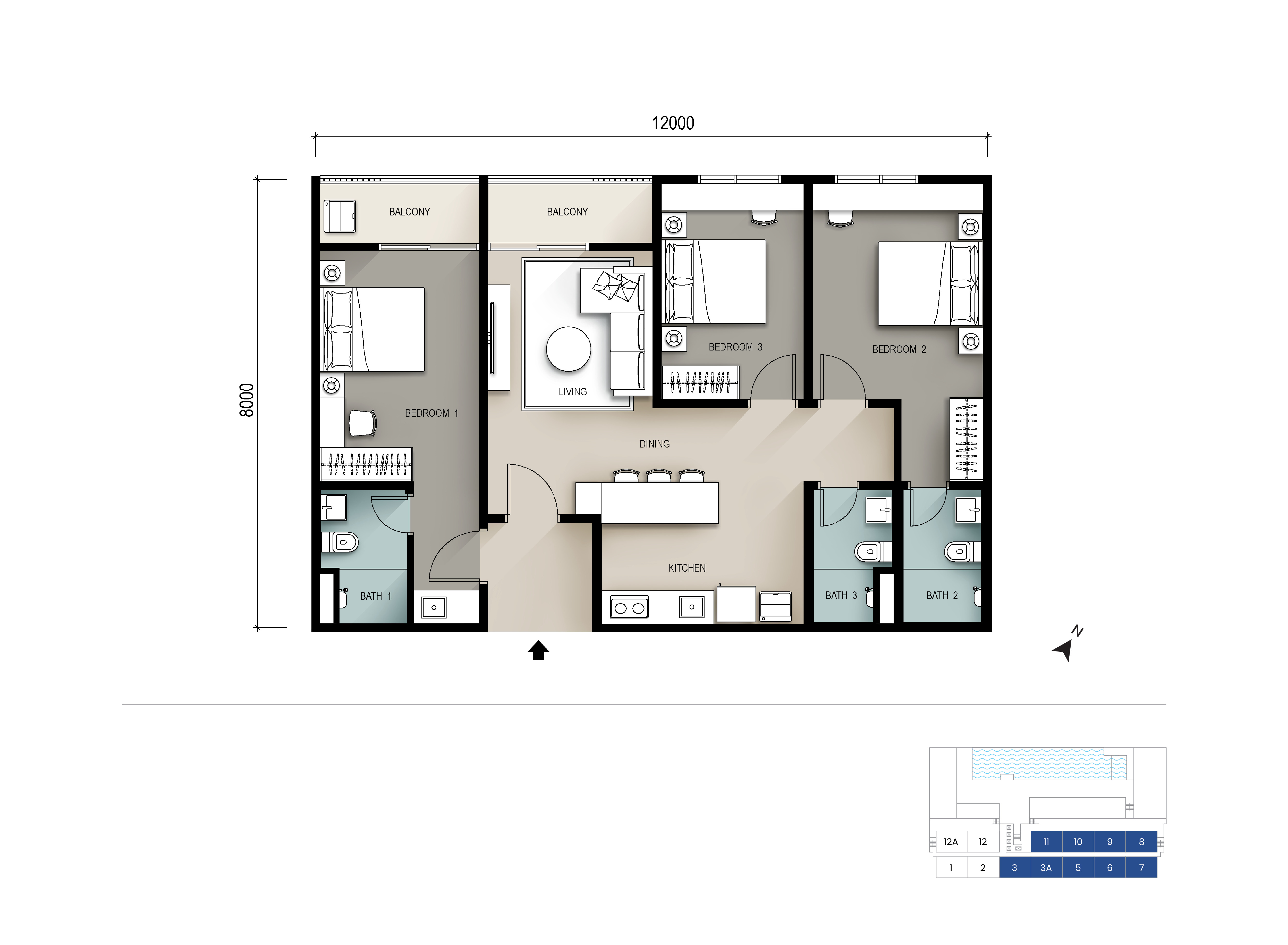 Type A Dual-Key. 1,033 sqft . 3 Bedrooms + 3 Bathrooms