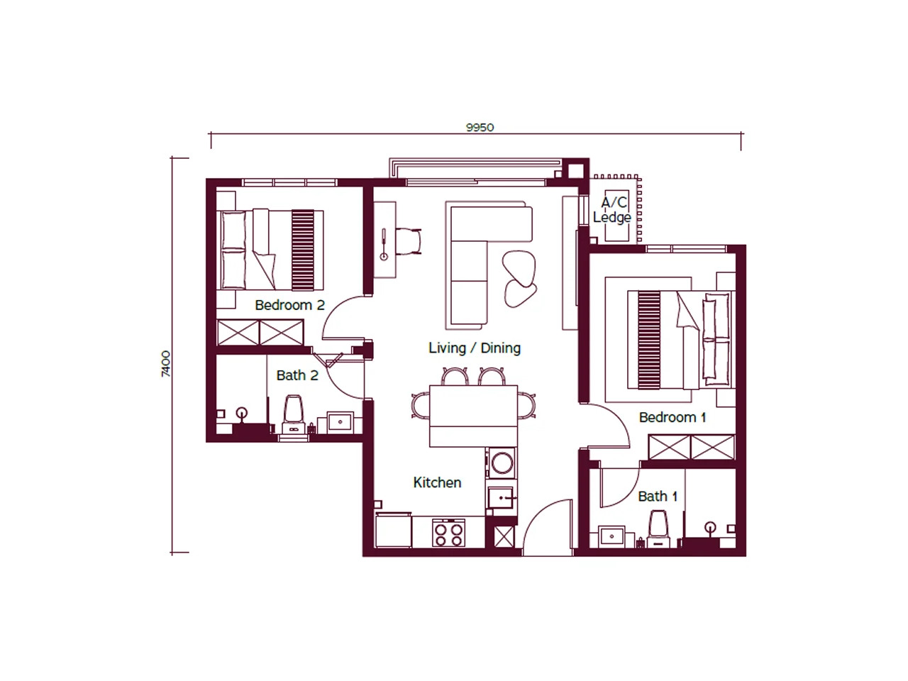 Type A . 649 sq.ft. . 2 Bedrooms + 2 Bathrooms