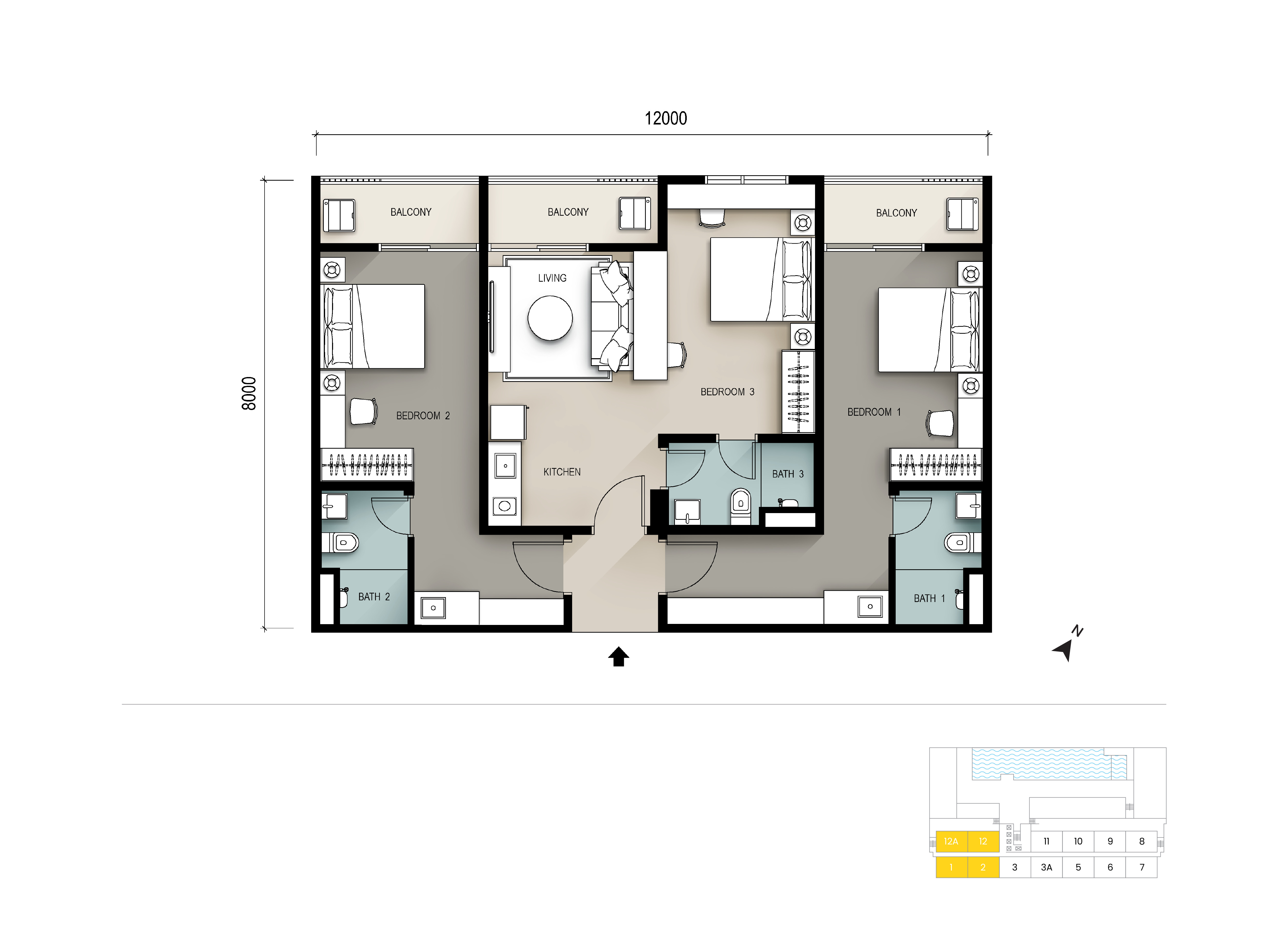 Type A Triple-Key. 1,033 sqft . 3 Bedrooms + 3 Bathrooms