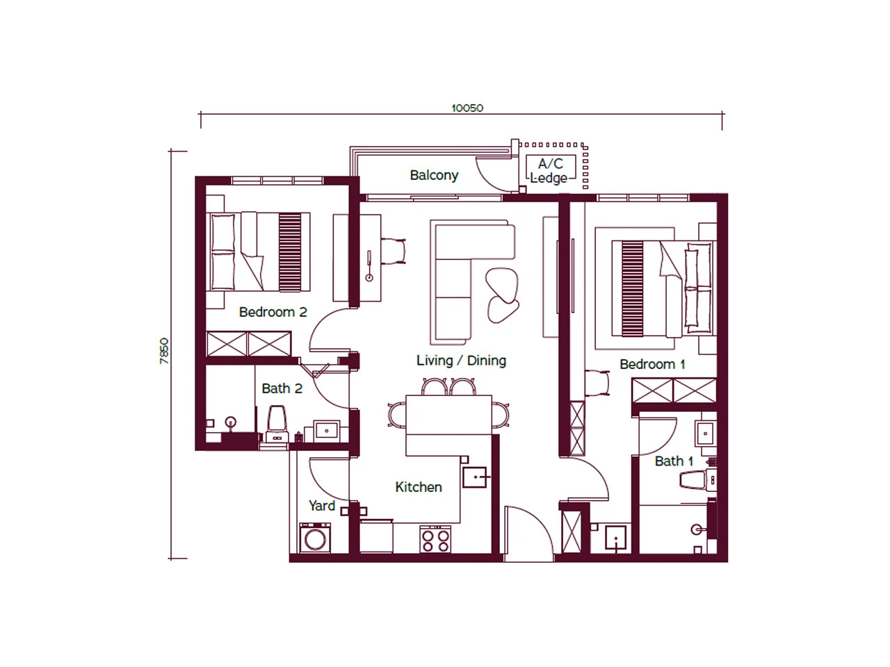 Type B . 763 sq.ft. . 2 Bedrooms + 2 Bathrooms