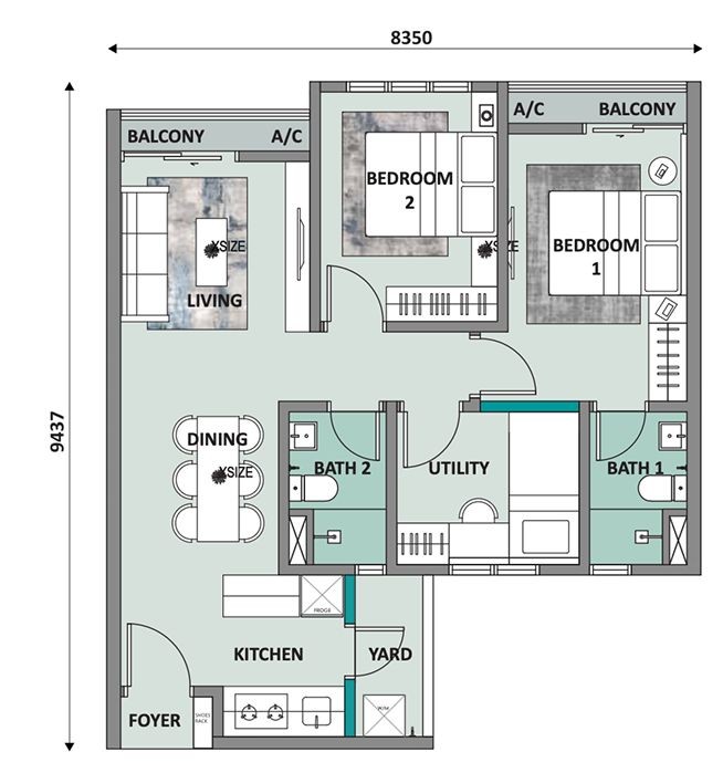 Type B . 734 sq ft . 3 Bedrooms + 2 Bathrooms