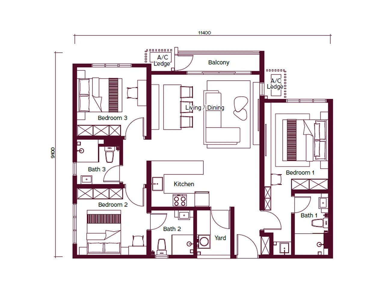 Type C1 - Dual Key . 1,026 sq.ft. . 3 Bedrooms + 3 Bathrooms