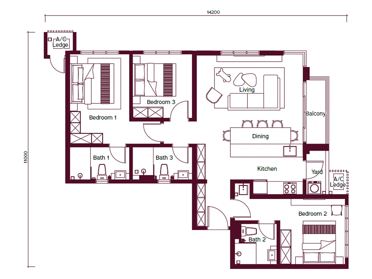 Type C . 1,008 sq.ft. . 3 Bedrooms + 3 Bathrooms