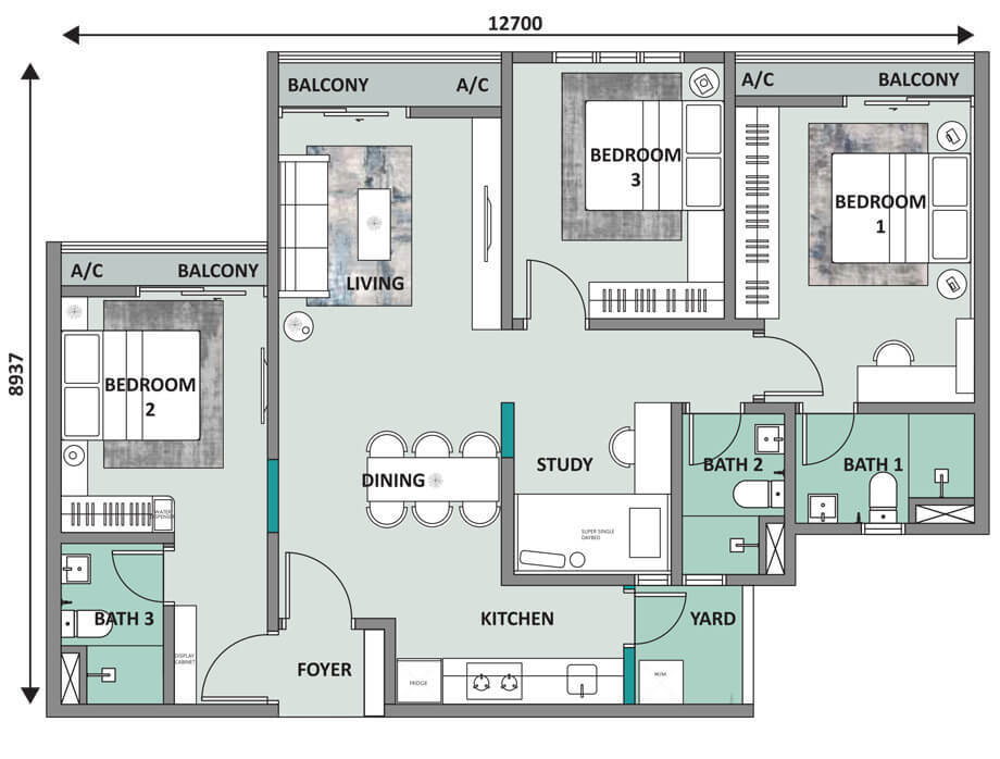 Type D . 1,055 sq ft . 4 Bedrooms + 3 Bathrooms