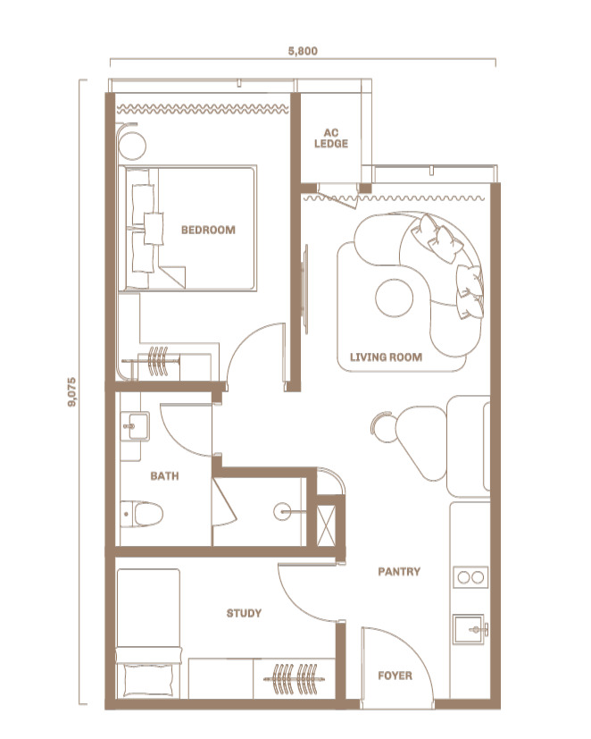 Type A1 . 540 sq.ft. . 1+1 Bedroom + 1 Bathroom