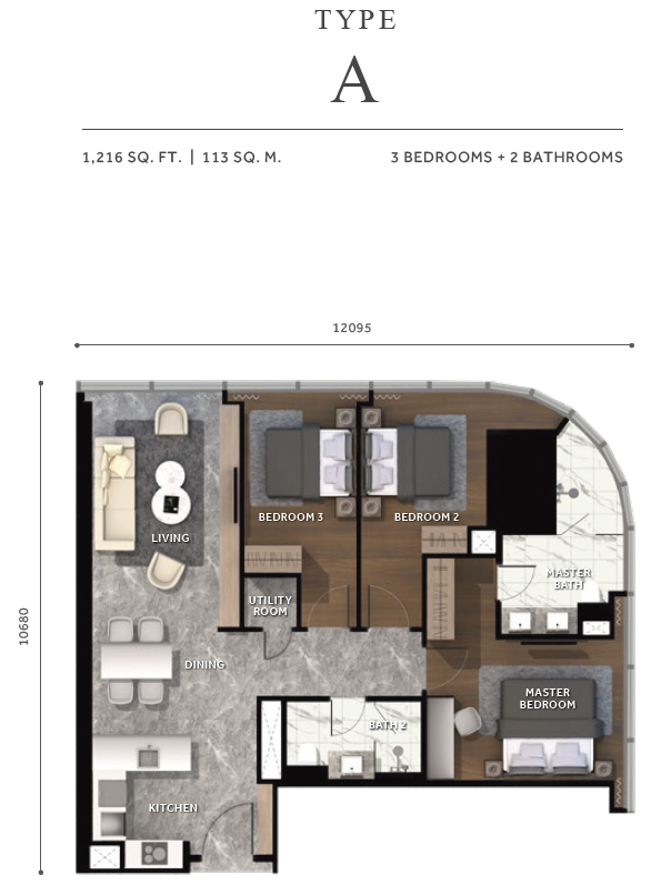 Type A . 3 Bedrooms + 2 Bathrooms . 1,216 sqft