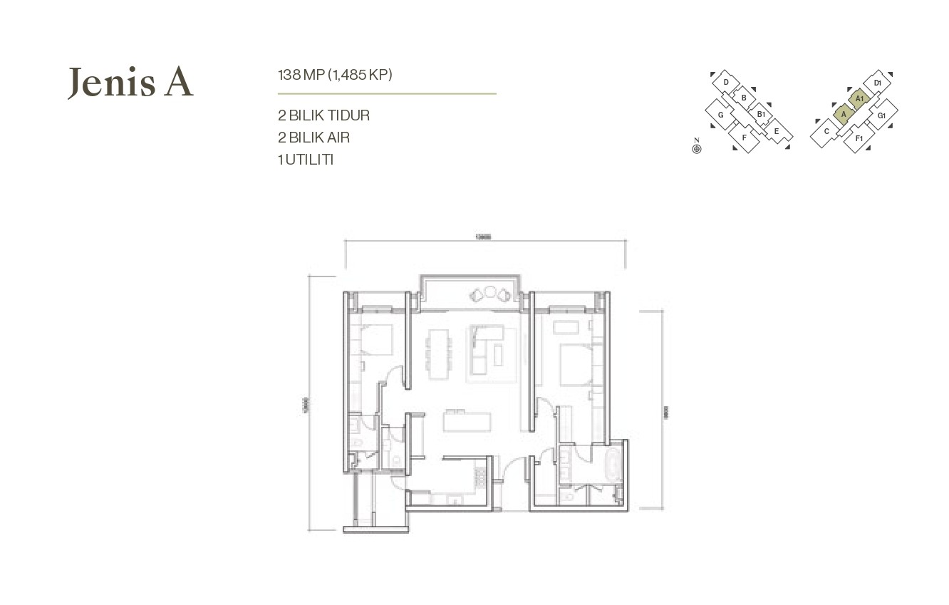 Type A . 1,455 sq ft . 2+1 Bedrooms + 2 Bathrooms