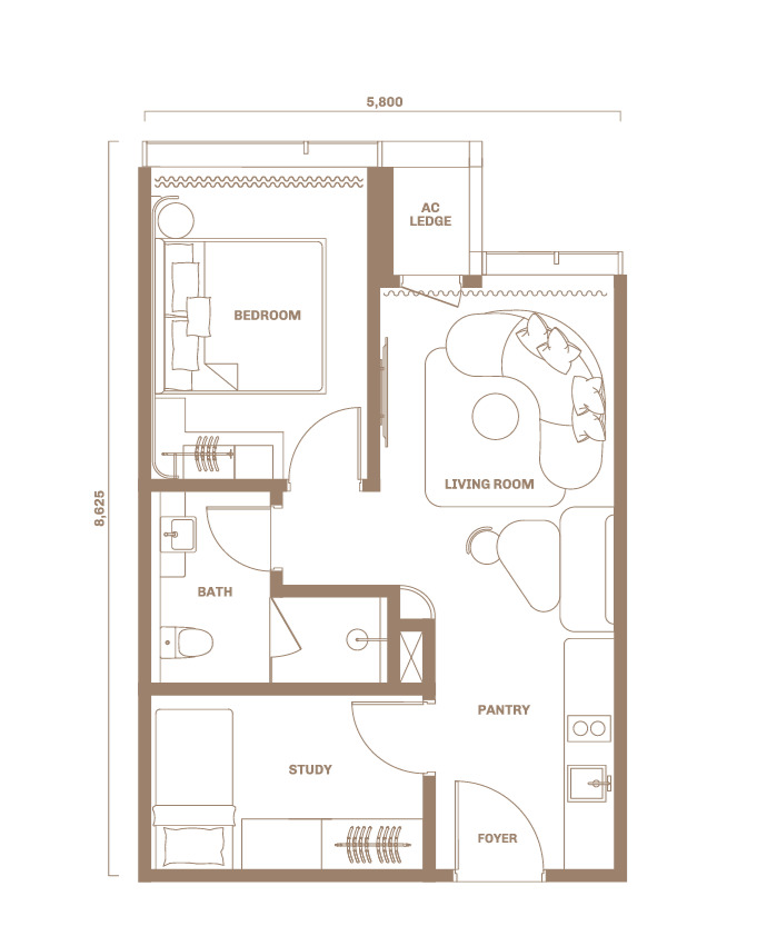 Type A . 513 sq.ft. . 1+1 Bedroom + 1 Bathroom