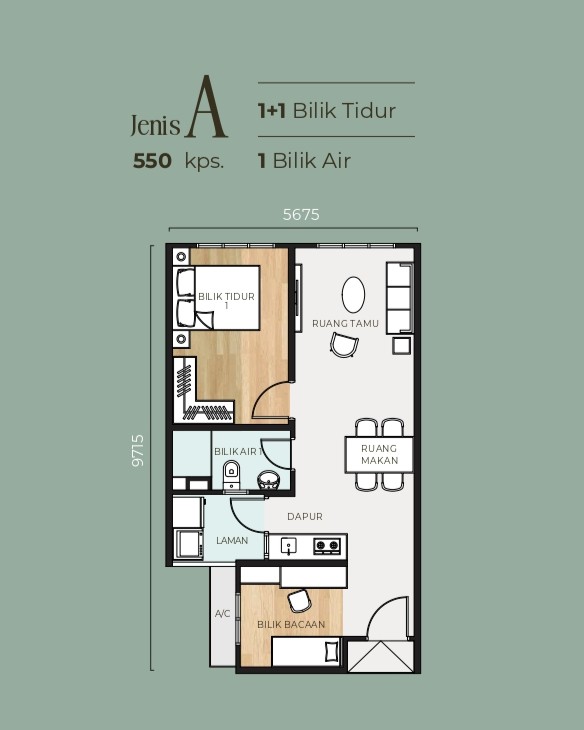 Type A . 550 sq.ft. . 1+1 Bedroom . 1 Bathroom