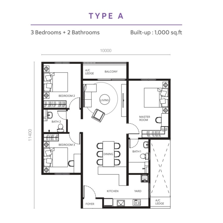 Type A . 1,000 sq ft . 3 Bedrooms + 2 Bathrooms