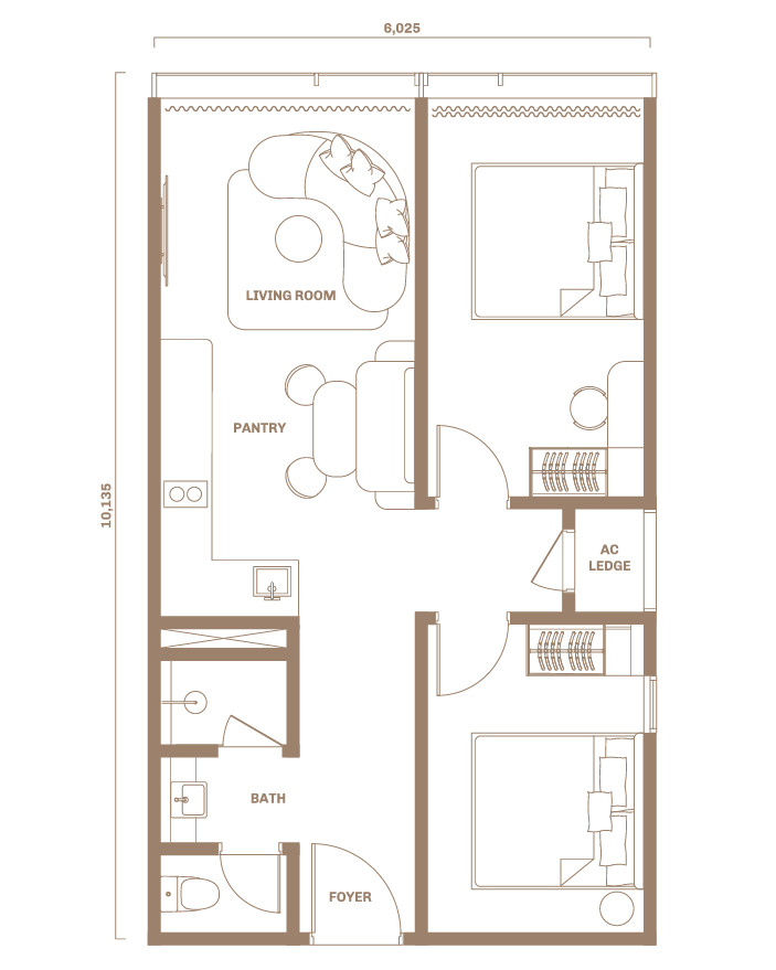 Type B . 658 sq.ft. . 2 Bedrooms + 1 Bathroom