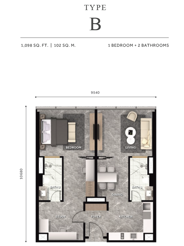 Type B . 1 Bedroom + 2 Bathrooms . 1,098 sqft