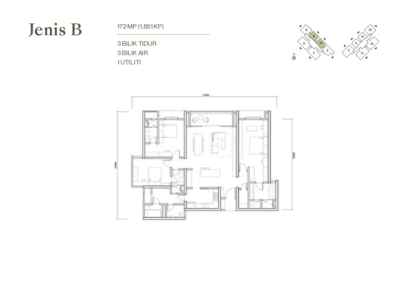 Type B . 1,851 sq ft . 3+1 Bedrooms + 3 Bathrooms
