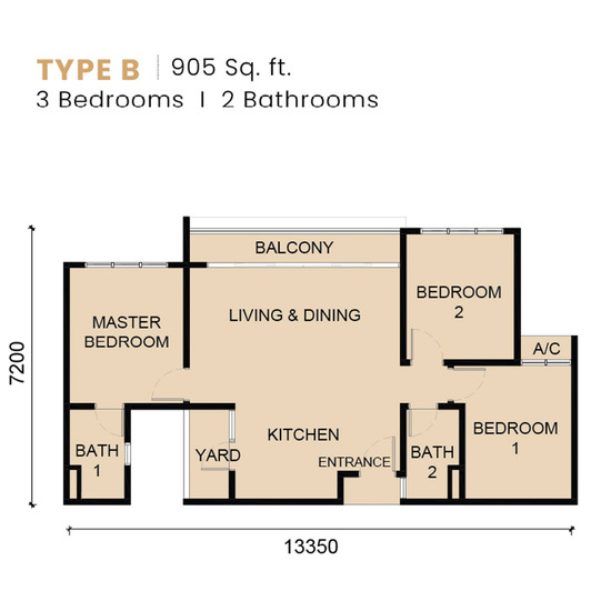 Type B . 7905 sq ft . 3 Bedrooms + 2 Bathrooms