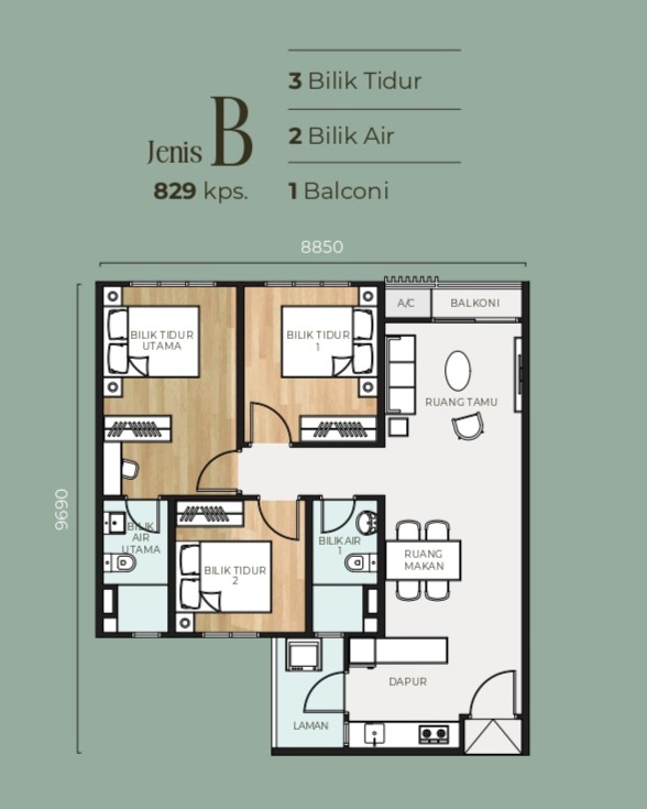 Type B . 829 sq.ft. . 3 Bedrooms + 2 Bathrooms