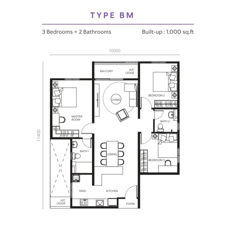 Type B . 1,000 sq ft . 3 Bedrooms + 2 Bathrooms