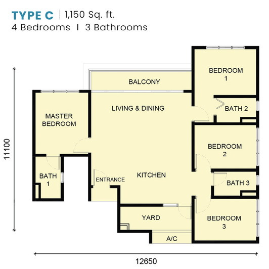 Type C . 1,150 sq ft . 4 Bedrooms + 3 Bathrooms